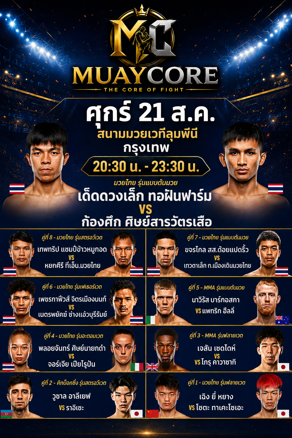 ดูมวย ONE ลุมพินี 21 ส.ค. 2569 เด็ดดวงเล็ก vs ก้องศึก  @MUAYCORE
